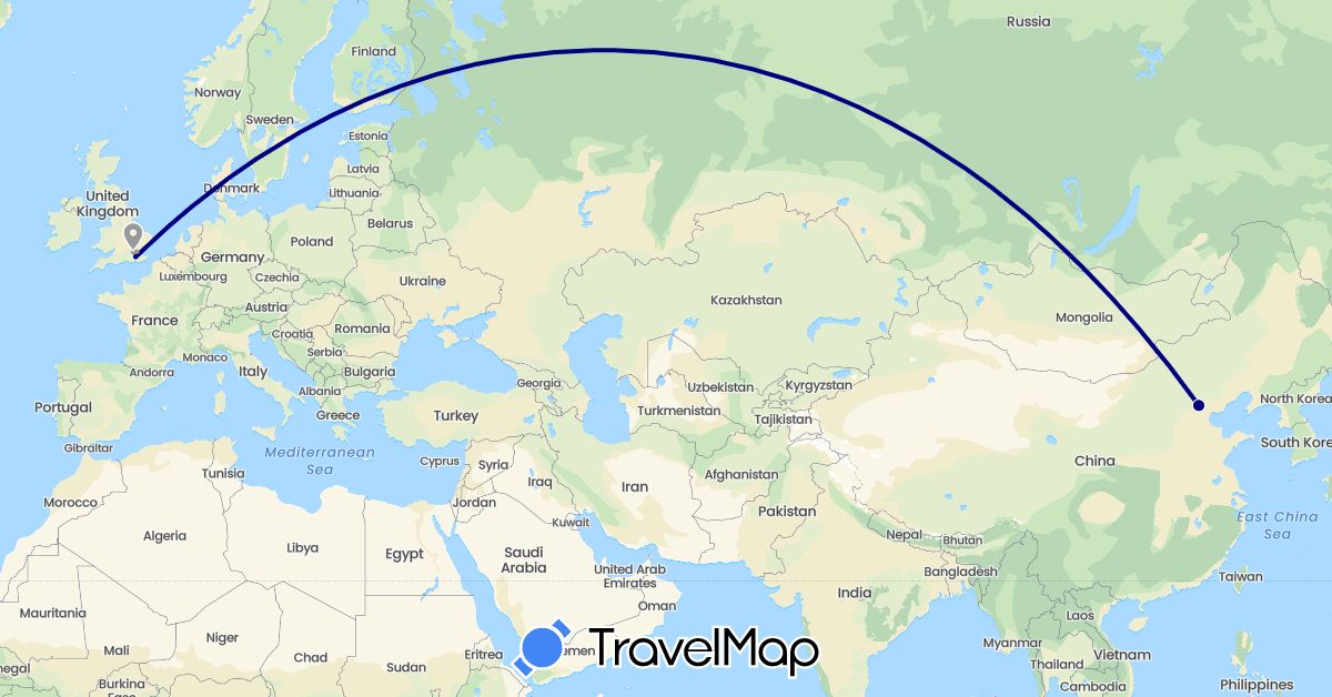 TravelMap itinerary: driving, plane in China, United Kingdom (Asia, Europe)